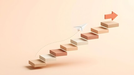 Obraz premium Paper airplane flying over block stairs toward a red upward arrow. Concept of business startup growth, career success journey, and visionary leadership progress.