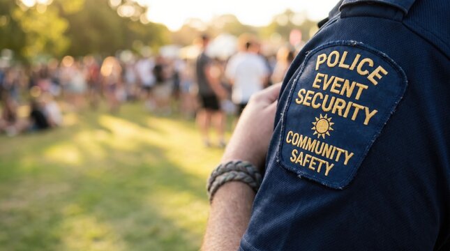 Police Event Security Officer Monitoring Crowd at Outdoor Public Gathering for Community Safety and Public Order