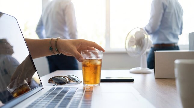 Young woman drinking iced tea at office desk with laptop and fan during hot summer workday