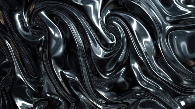 Glossy black liquid metal swirl with reflective folds and abstract shiny fluid texture