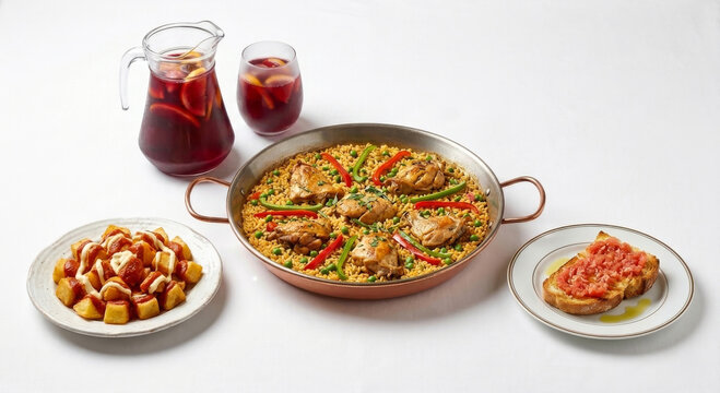 Traditional Valencian rabbit paella served with patatas bravas, pan con tomate, and a pitcher of sangria on a beautifully set table