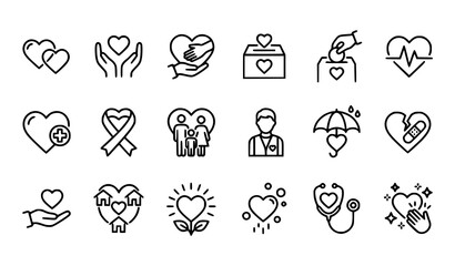 Fototapeta premium Heart Outline Icon Set with Love Care Charity Help and Donation Editable Stroke Vector Collection