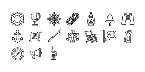 Icon set collection of maritime navigation and safety equipment, featuring nautical tools, lifebuoys, compass, and signal devices in line art style. © Raka Firdaus 