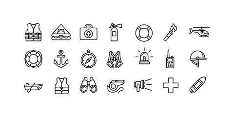 Icon set collection of emergency and rescue operations equipment, featuring life vests, medical kits, flares, and nautical safety gear. © Raka Firdaus 
