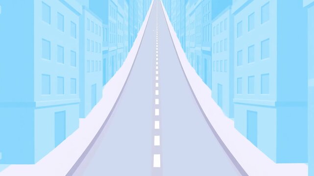 A clean, monochromatic light blue cartoon city highway background moves in a rapid zoom-out perspective loop. Perfect for simple geometric web designs, minimal game templates, and modern infographic b