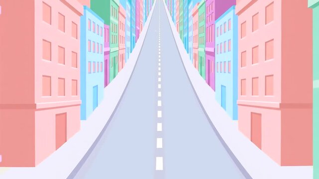 A vibrant, stylized 2D cartoon city street with colorful pastel buildings zooms out rapidly in an endless highway loop. Ideal for mobile game backgrounds, hyper-casual runner games, and upbeat motion 