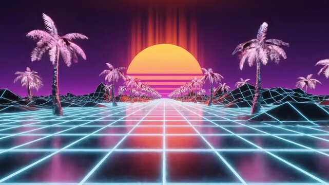 A digital landscape featuring a glowing sun and neon palm trees