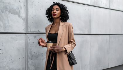 Elegant businesswoman holding a coffee cup, walking past a modern concrete wall with a stylish handbag