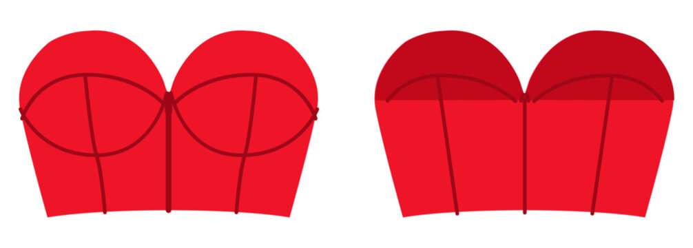 Red strapless bustier corset top with structured shaping seams creating fitted silhouette defined bust contour clean construction lines. Technical fashion illustration in flat color, front back views