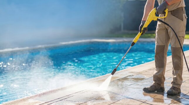 Professional Male Worker Pressure Washing Pool Deck Surface for Maintenance and Deep Cleaning Service