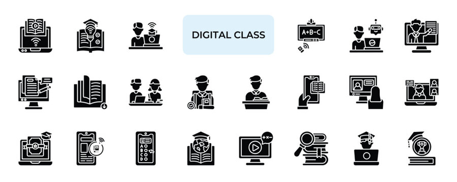 Digital Class Icon set Collection in Solid Glyph Style. education, remote, study,  course, webinar, training