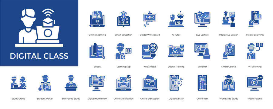 Digital Class Icon set Collection in Glyph Two Color Style. education, remote, study,  course, webinar, training