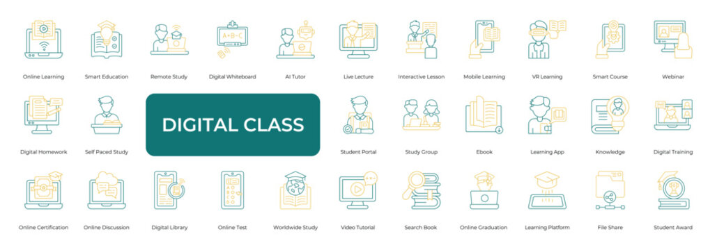 Digital Class Icon set Collection in Line Two Color Style. education, remote, study,  course, webinar, training