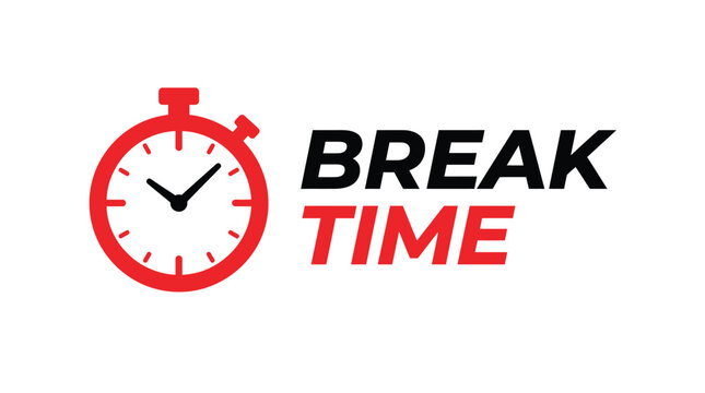 A red stopwatch vector illustration with bold black and red typography for a break time