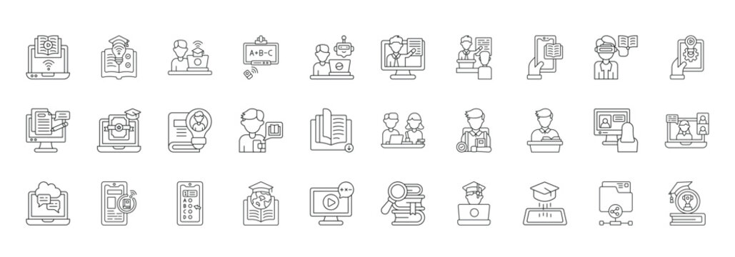 Digital Class Icon set Collection in Line Style. education, remote, study,  course, webinar, training