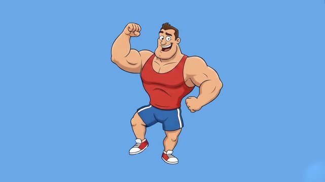 A 2D vector animation of a heavy-set muscular bodybuilder character in a red tank top flexing his bicep while dancing. The smiling strongman moves happily against a solid blue backdrop.