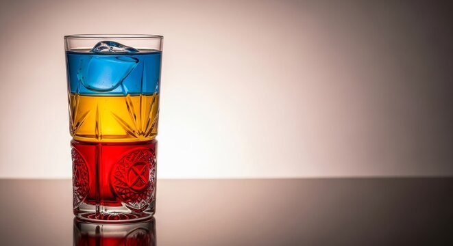 Vibrant liquid layers of crimson, amber, and indigo settle perfectly in a tall chilled glass, showcasing fluid density and artistic barware, gradient, infusion, layered