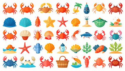 Obraz premium Collection of vibrant marine life vector icons featuring various crabs seashells starfish shrimp and colorful underwater sea creatures in flat design