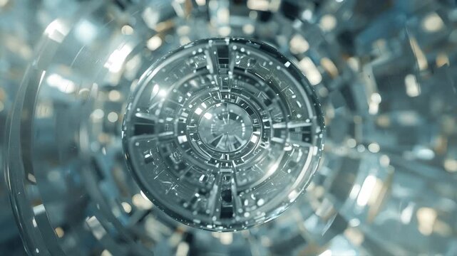Futuristic metallic tunnel with glowing circular core reflective shards and concentric metallic