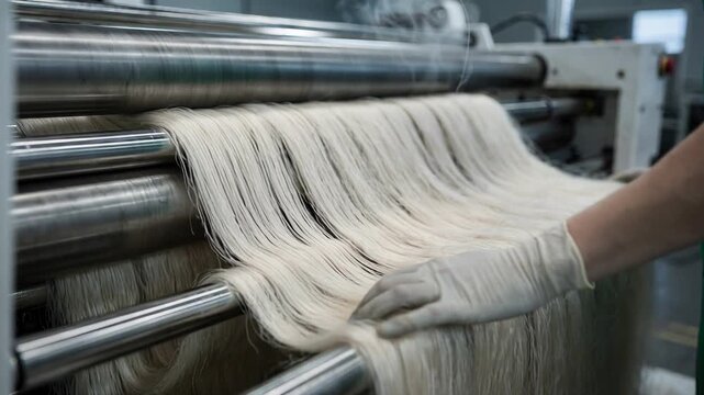 Medium shot of compostassist biobased polyester fibers being processed emphasizing biodegradable textile options for reducing plastic pollution and supporting circular economy