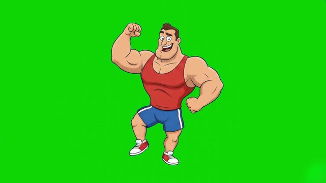 A 2D vector animation of a heavy-set muscular bodybuilder character in a red tank top flexing his bicep while dancing. The smiling strongman moves happily against a chroma key backdrop.