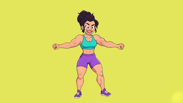A cheerful 2D animated female athlete character showing off her muscles against a bright, solid yellow background. Well-suited for social media health content, gym advertisements, and vibrant graphic 