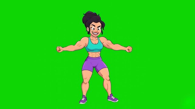A flat 2D vector-style cartoon character of a strong fitness woman flexing her arms against a solid green keying screen. Great for clean video editing, educational health animations, and explainer ove