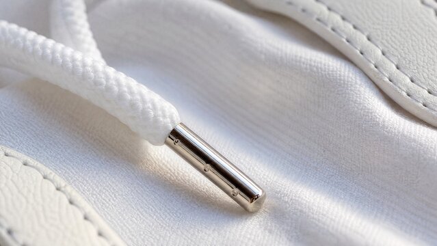 Close-up of white sneaker lace with metallic aglet on fabric.