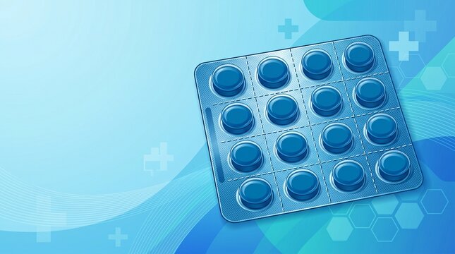 Blue medical pill pack on abstract background with geometric patterns  