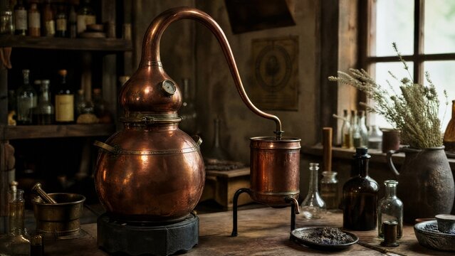 Vintage copper alembic still on a wooden workbench in an alchemist's workshop with a blurred background.