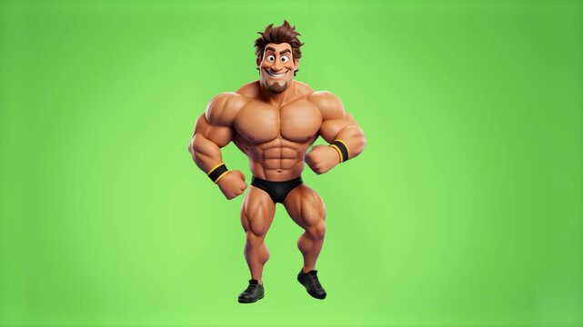 A comical 3D animated muscular man posing and flexing his upper body against a vibrant green studio backdrop. Perfect for chroma keying, custom video compositing, and fitness-themed visual effects.