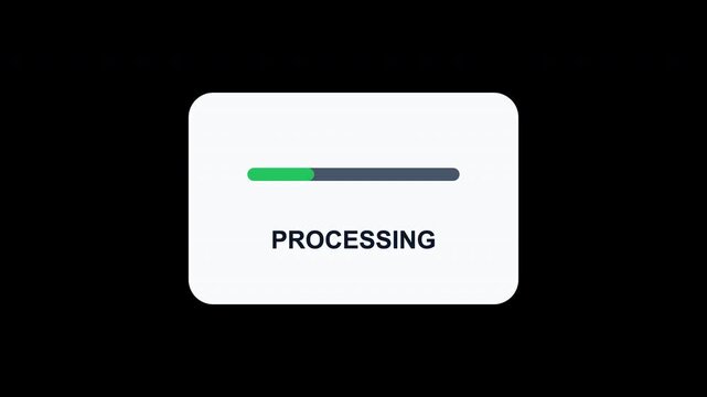 White box with green loading bar and text processing text on black background. A simple graphic suitable for technology concepts.