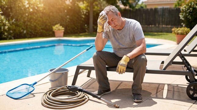 Exhausted senior man resting after cleaning swimming pool in backyard, tired elderly male worker taking a break