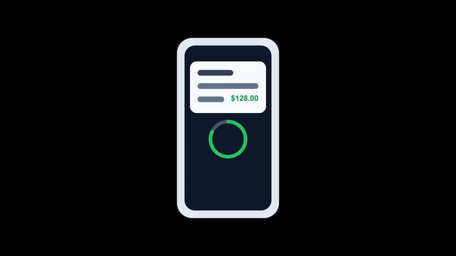 Suitable for digital payment platforms, financial apps, ecommerce websites. Shows transaction progress, dollar amount, total. Interface screen with icons.