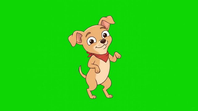 A cute 2D vector animated brown puppy wearing a red bandana standing cheerfully on a solid green screen backdrop. Perfect for effortless chroma keying and compositing into pet care advertisements, chi