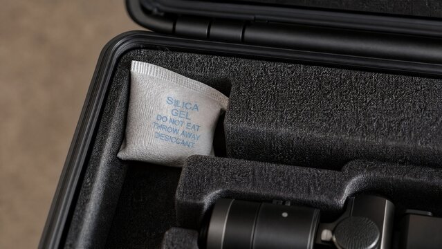 Desiccant packet inside a precision instrument case on protective foam.