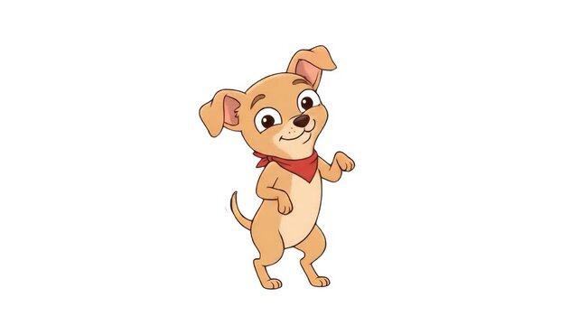 A cheerful 2D vector illustration of a friendly light-brown puppy wearing a red bandana, executing a lively dance step on a white background. Perfect for children's content, veterinary branding, pet s