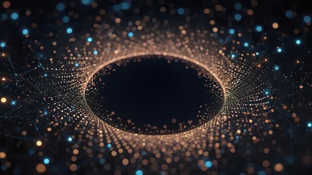 Glowing digital particle ring surrounding dark void with bokeh light network nodes, futuristic