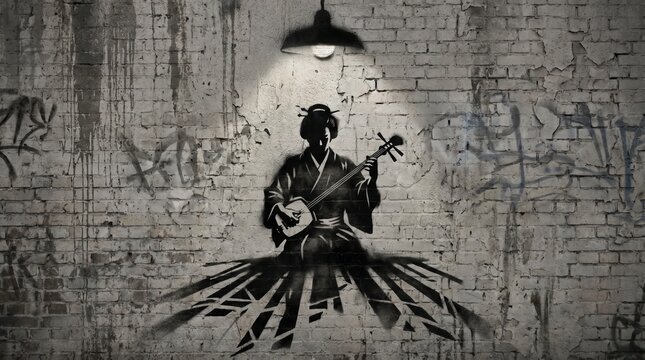 Stenciled Wall Art Featuring a Silhouette of a Traditional Japanese Musician Playing Shamisen