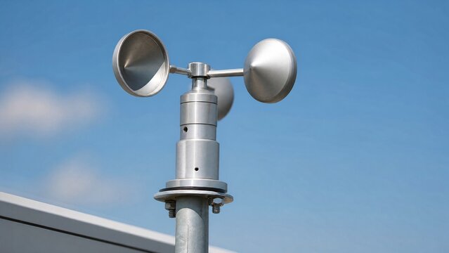 Metal anemometer on a rooftop against a clear blue sky, isolated subject.