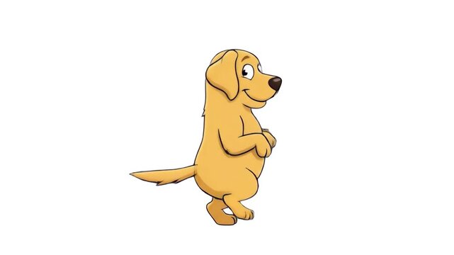A lively 2D vector animation of a happy golden retriever puppy jumping excitedly in place. This clean, looping animal character is ideal for vet clinics, pet food branding, and training programs.