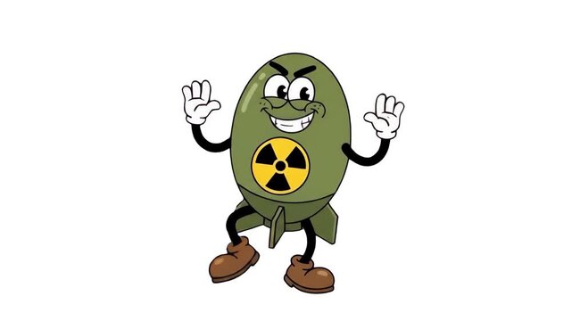 A funny, retro-style 2D animated olive green atomic bomb character with a radiation symbol on its stomach dances happily on an isolated white background. Great for quirky explainer videos, gaming masc