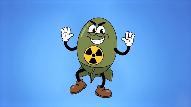 A classic 2D vector-style cartoon bomb mascot with a mischievous grin and a radiation sign, waving its hands on a blue gradient background. Perfect for vintage-style animations, comic overlays, and re
