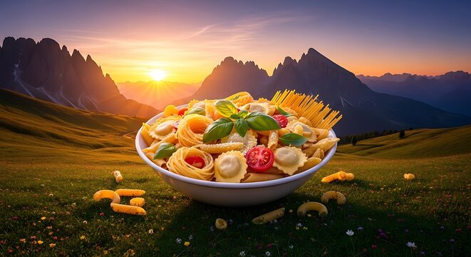 Colorful pizza with sunset and lake view.