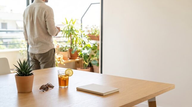 Man standing on balcony looking at view with iced tea and notebook on table for remote work or slow living concept