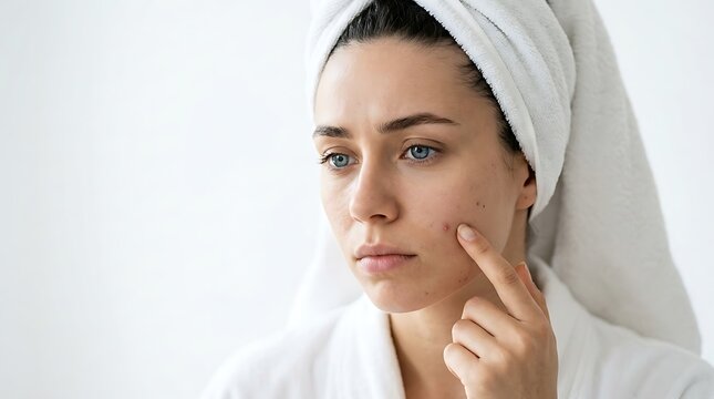 Young woman checking facial acne breakout