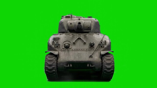 A classic World War II M4 Sherman medium tank standing facing forward against a solid green screen backdrop. Perfect for integration into historical documentaries, war simulations, and custom cinemati