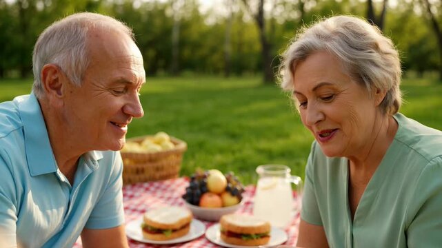 Senior man and senior woman having a picnic in a park. Elderly couple enjoying a meal together outdoors. Happy retirees eating fruit on a sunny summer afternoon.