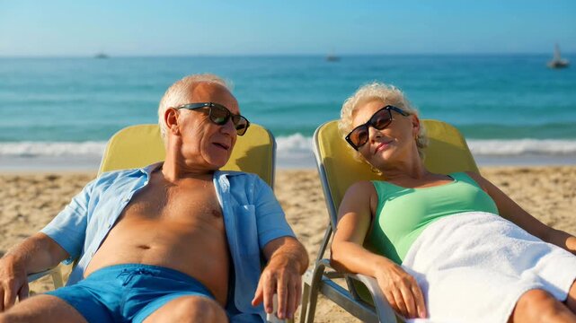 Senior man and blonde senior woman relaxing on sun loungers on a beach. Elderly couple sunbathing by the sea. Retirement lifestyle and summer vacation travel.