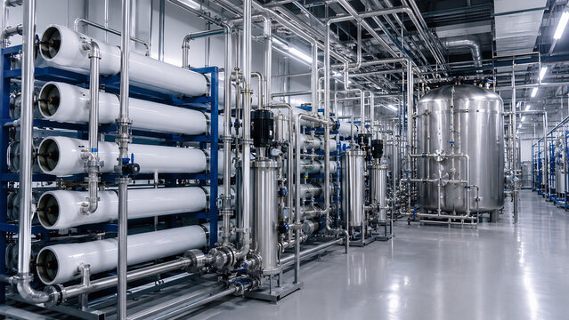 Industrial water purification and filtration system with stainless steel pipes and pressure tanks in modern manufacturing facility